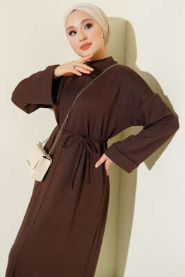 Loyşa İp Kuşaklı Duble Kol Elbise Kahve - Elbise
