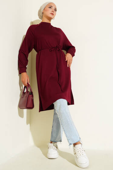 Loyşa İp Kuşaklı Uzun Tunik Bordo - Yılın Fırsatı