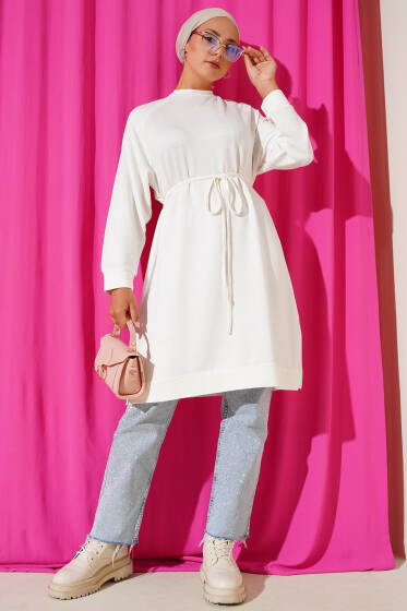 Loyşa İp Kuşaklı Uzun Tunik Ekru - Tunik