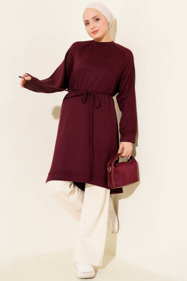Loyşa İp Kuşaklı Uzun Tunik Mürdüm - Tunik