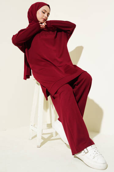 Loyşa Kabartma Yazılı Salaş İkili Takım Bordo - İkili Takım