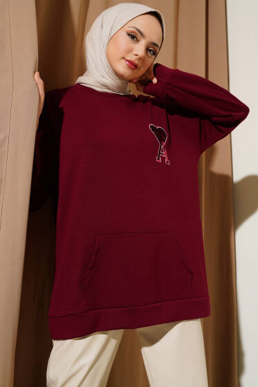 Loyşa Kalp Nakışlı Cepli Tunik Bordo - Tunik