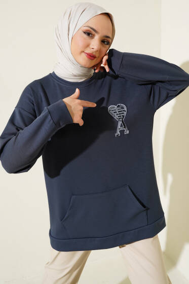 Loyşa Kalp Nakışlı Cepli Tunik Füme - Tunik