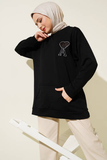 Loyşa Kalp Nakışlı Cepli Tunik Siyah - Tunik