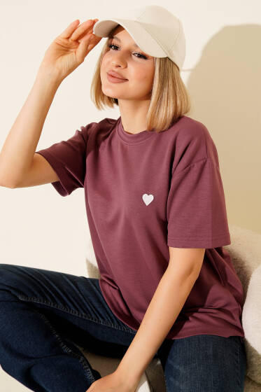 Loyşa Kalp Nakışlı T-shirt Magenta - Kadın Giyim Modelleri