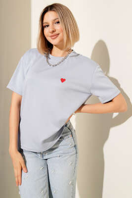 Loyşa Kalp Nakışlı T-shirt Mavi 