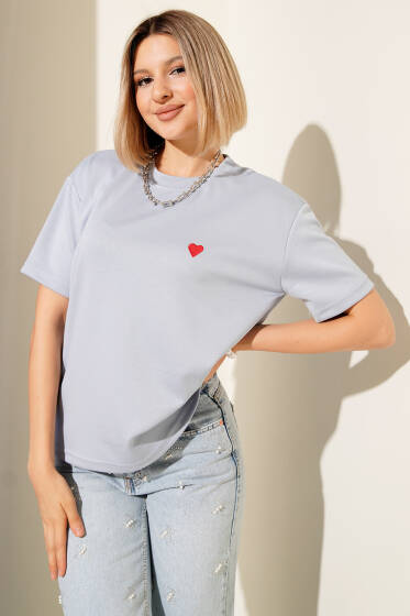 Loyşa Kalp Nakışlı T-shirt Mavi - Kadın Giyim Modelleri