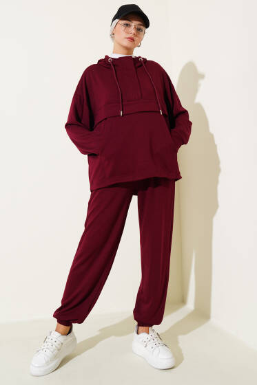 Loyşa Kanguru Cepli Fermuarlı İkili Takım Bordo - İkili Takım