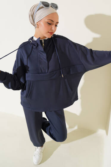 Loyşa Kanguru Cepli Fermuarlı İkili Takım Füme - İkili Takım