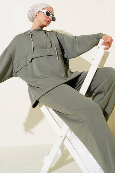 Loyşa Kanguru Cepli Fermuarlı İkili Takım Haki - İkili Takım