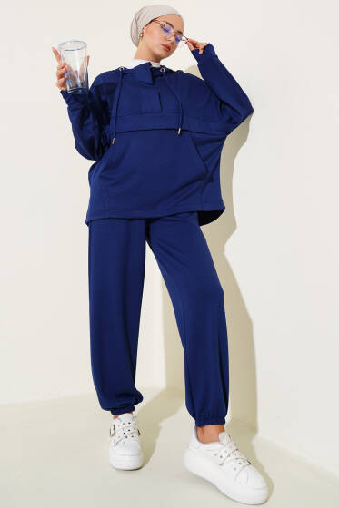 Loyşa Kanguru Cepli Fermuarlı İkili Takım Lacivert - İkili Takım