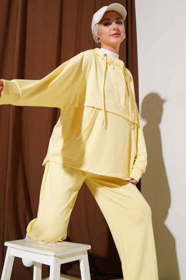 Loyşa Kanguru Cepli Fermuarlı İkili Takım Sarı - İkili Takım