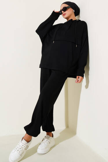 Loyşa Kanguru Cepli Fermuarlı İkili Takım Siyah - İkili Takım