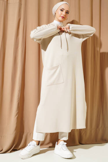 Loyşa Kapüşonlu Basic Uzun Tunik Bej - Tunik