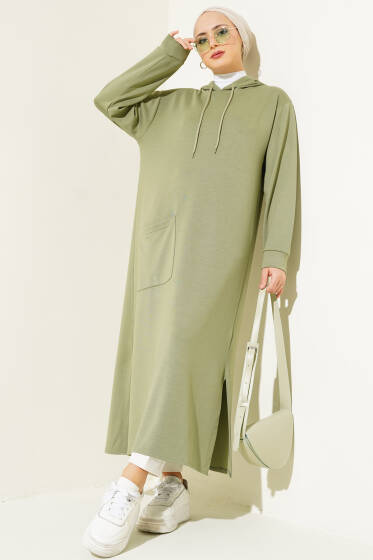 Loyşa Kapüşonlu Basic Uzun Tunik Haki - Tunik
