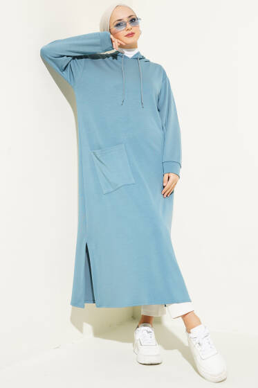 Loyşa Kapüşonlu Basic Uzun Tunik İndigo - Tunik