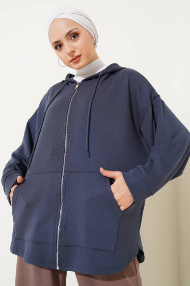 Loyşa Kapüşonlu Fermuarlı Hırka Füme - Hırka