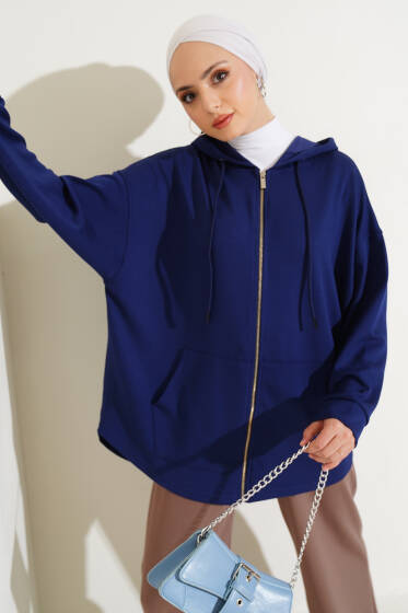 Loyşa Kapüşonlu Fermuarlı Hırka Lacivert - Hırka