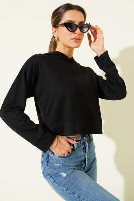 Loyşa Kapüşonlu Kısa Sweatshirt Siyah - Kadın Giyim Modelleri