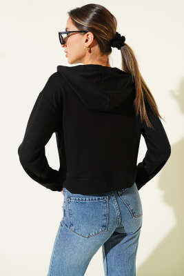 Loyşa Kapüşonlu Kısa Sweatshirt Siyah - Kadın Giyim Modelleri