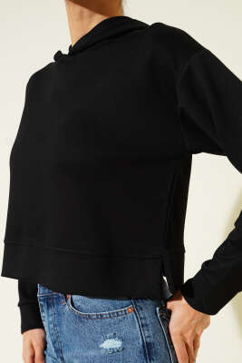 Loyşa Kapüşonlu Kısa Sweatshirt Siyah - Kadın Giyim Modelleri