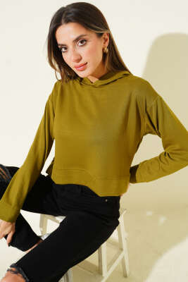 Loyşa Kapüşonlu Kısa Sweatshirt Yağ Yeşili - Kadın Giyim Modelleri