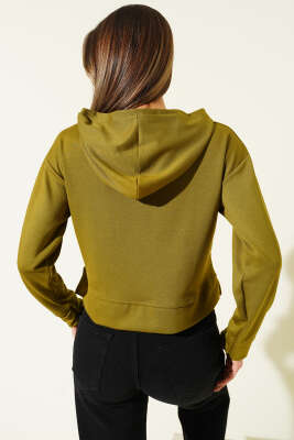 Loyşa Kapüşonlu Kısa Sweatshirt Yağ Yeşili - Kadın Giyim Modelleri