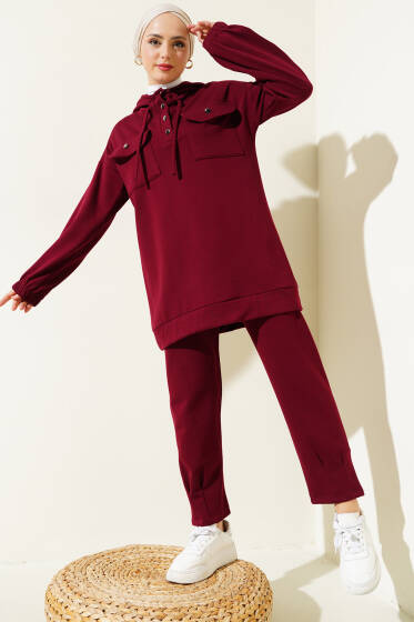 Loyşa Kapüşonlu Yarım Düğmeli İkili Takım Bordo - İkili Takım
