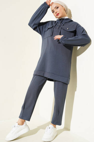 Loyşa Kapüşonlu Yarım Düğmeli İkili Takım Füme - İkili Takım