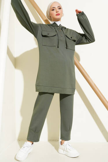 Loyşa Kapüşonlu Yarım Düğmeli İkili Takım Haki - İkili Takım