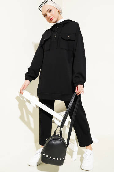 Loyşa Kapüşonlu Yarım Düğmeli İkili Takım Siyah - İkili Takım