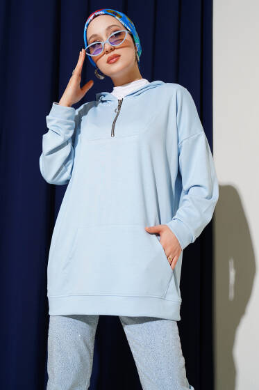 Loyşa Kapüşonlu Yarım Fermuar Tunik Bebe Mavi - Tunik