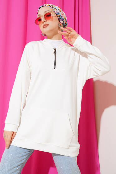 Loyşa Kapüşonlu Yarım Fermuar Tunik Beyaz - Tunik