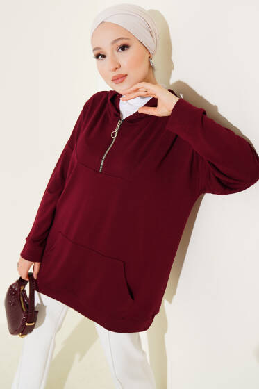 Loyşa Kapüşonlu Yarım Fermuar Tunik Bordo - Tunik