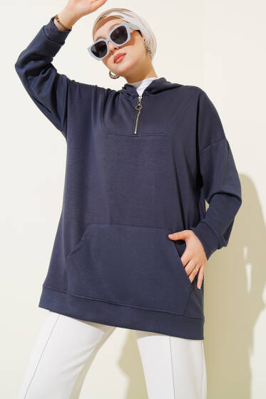 Loyşa Kapüşonlu Yarım Fermuar Tunik Füme - Tunik