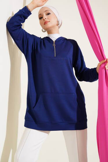 Loyşa Kapüşonlu Yarım Fermuar Tunik Lacivert - Tunik