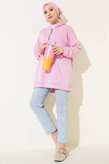 Loyşa Kapüşonlu Yarım Fermuar Tunik Pembe - Tunik