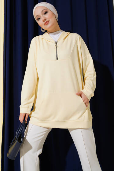 Loyşa Kapüşonlu Yarım Fermuar Tunik Sarı - Tunik