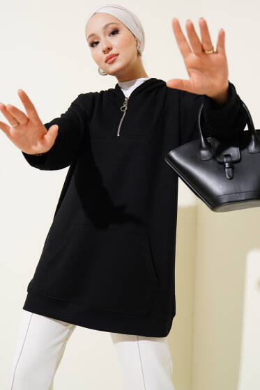 Loyşa Kapüşonlu Yarım Fermuar Tunik Siyah - Tunik