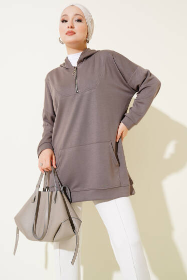 Loyşa Kapüşonlu Yarım Fermuar Tunik Vizon - Tunik