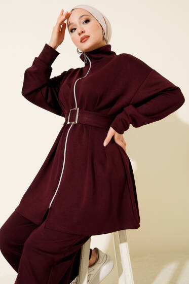 Loyşa Kemer Detaylı İkili Takım Mürdüm - İkili Takım