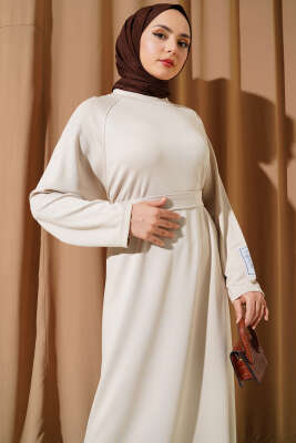 Loyşa Kol Armalı Elbise Bej - Tesettür Elbise