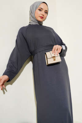 Loyşa Kol Armalı Elbise Füme - Tesettür Elbise