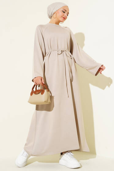 Loyşa Kol Armalı İp Kuşaklı Elbise Bej - Elbise