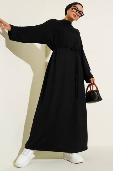 Loyşa Kol Armalı İp Kuşaklı Elbise Siyah - Elbise