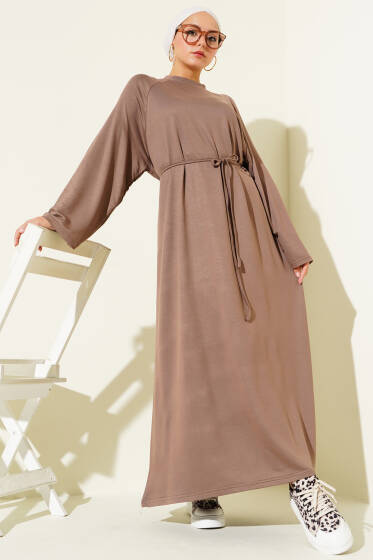 Loyşa Kol Armalı İp Kuşaklı Elbise Vizon - Elbise