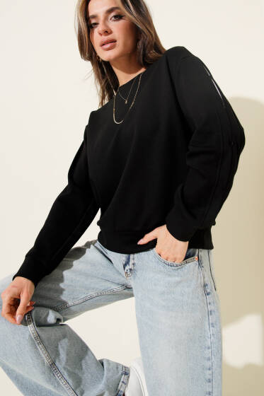 Loyşa Kol Detaylı Sweatshirt Siyah - Kadın Giyim Modelleri
