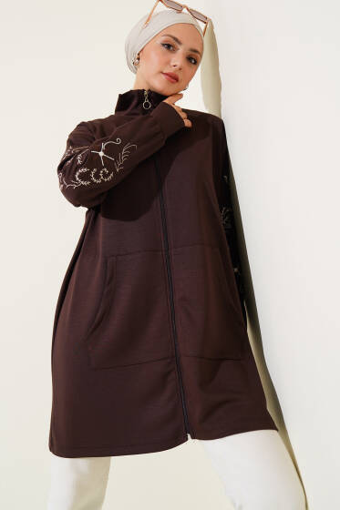 Loyşa Kolları Nakışlı Fermuarlı Hırka Acı Kahve - Hırka