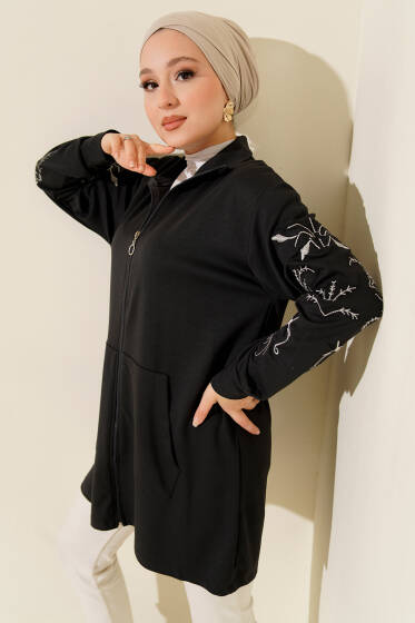 Loyşa Kolları Nakışlı Fermuarlı Hırka Füme - Hırka