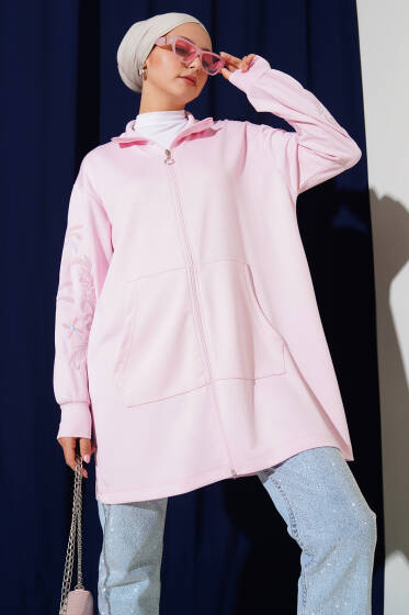 Loyşa Kolları Nakışlı Fermuarlı Hırka Pembe - Hırka